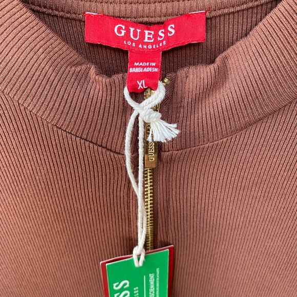 NWT Guess gold zip front midi dress in brown. Guess logo on sleeves. - Picture 7 of 7